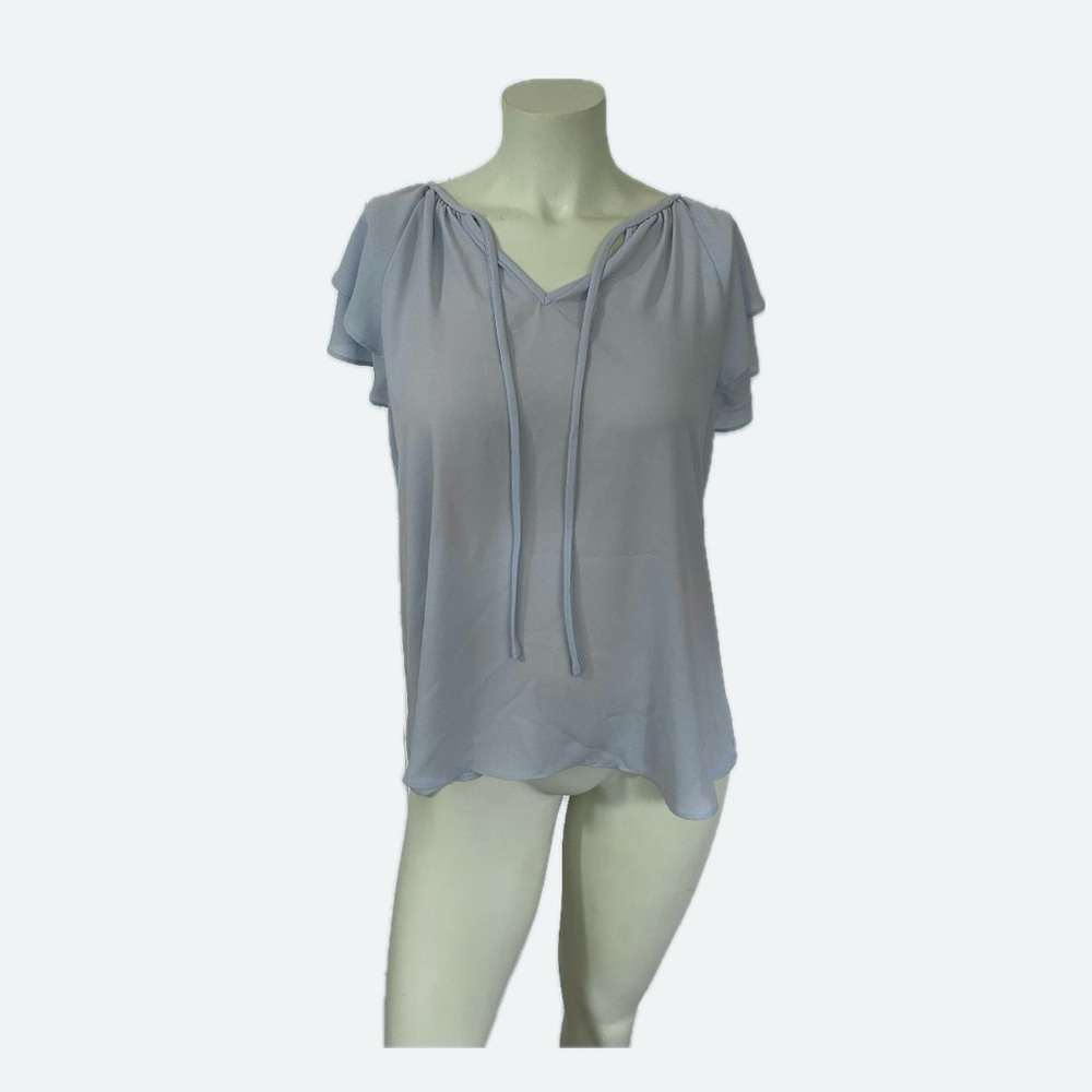 Ann Taylor Powered Blue Flutter Sleeve Blouse with Tie Front